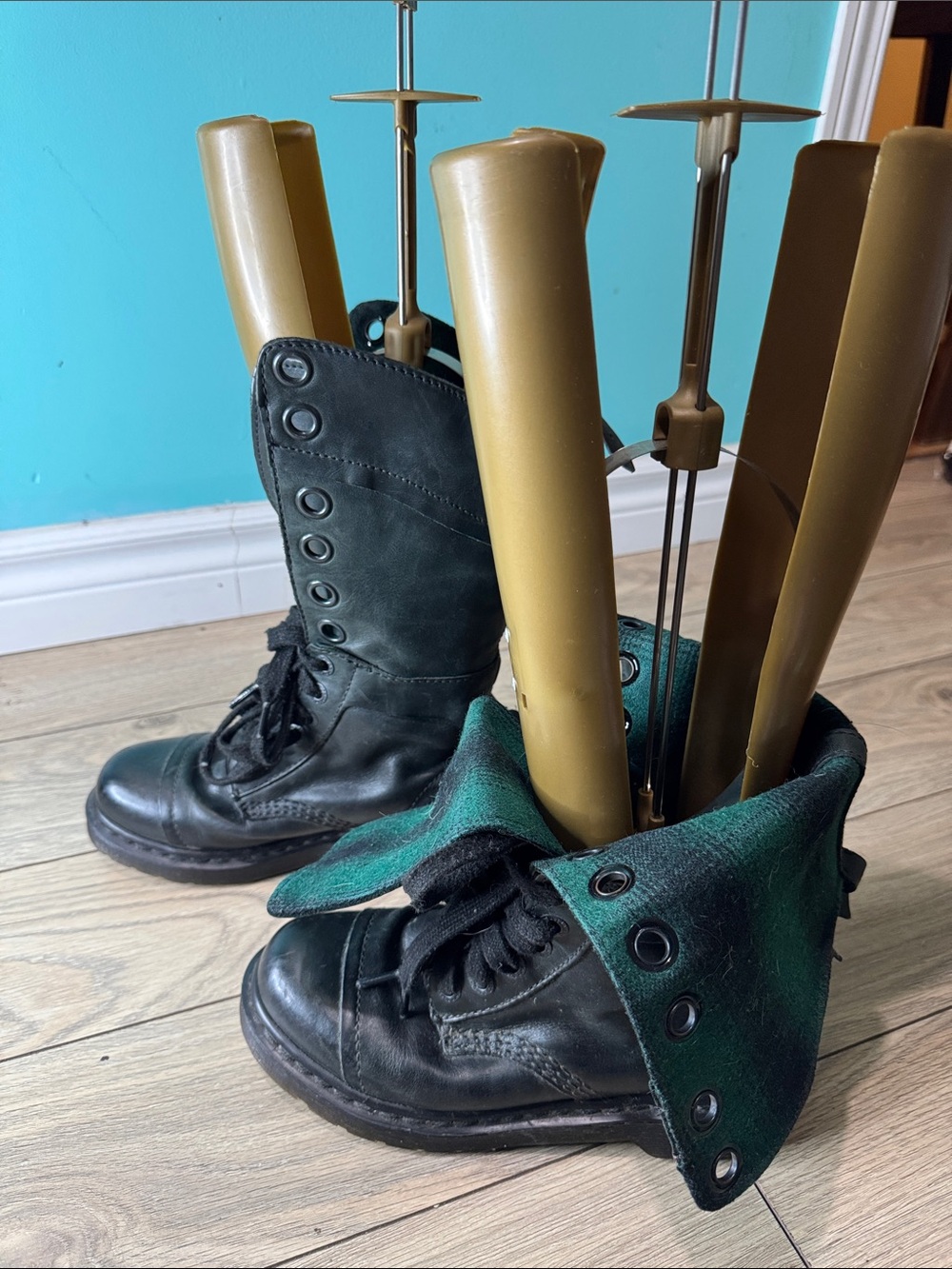 Dr Martens  Leather Lace-Up Combat Boots with Green Cuff